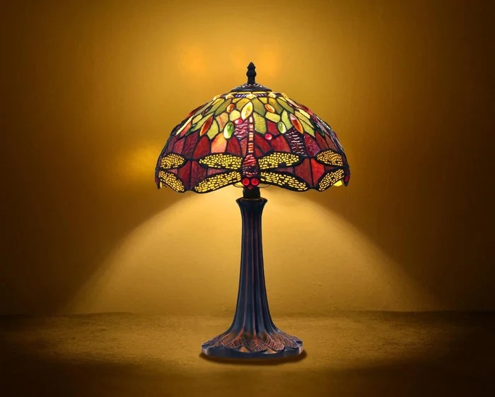 Chloe Empress One-Light Dragonfly Table Lamp - Stained Glass Empress One-Light Dragonfly Table Lamp Turned On Room Setting