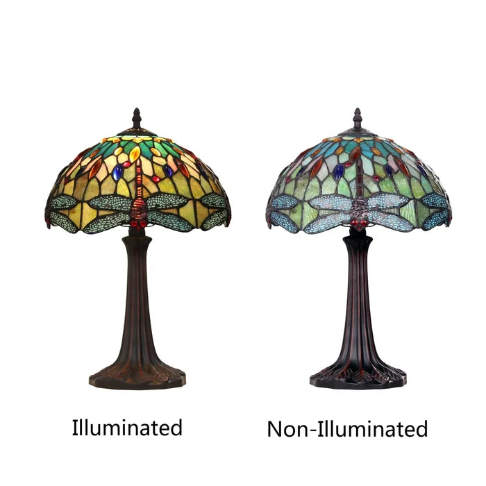 Chloe Empress One-Light Green Dragonfly Table Lamp - Stained Glass Empress One-Light Green Dragonfly Table Lamp Side by Side Illuminated