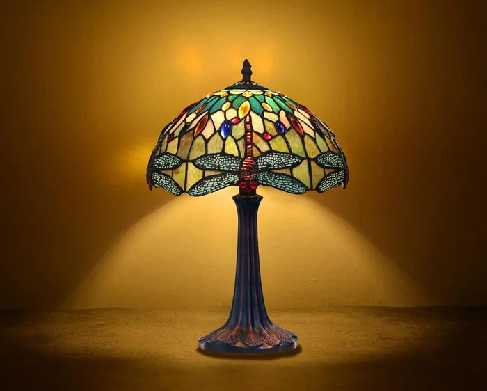 Chloe Empress One-Light Green Dragonfly Table Lamp - Stained Glass Empress One-Light Green Dragonfly Table Lamp Turned On Room Setting