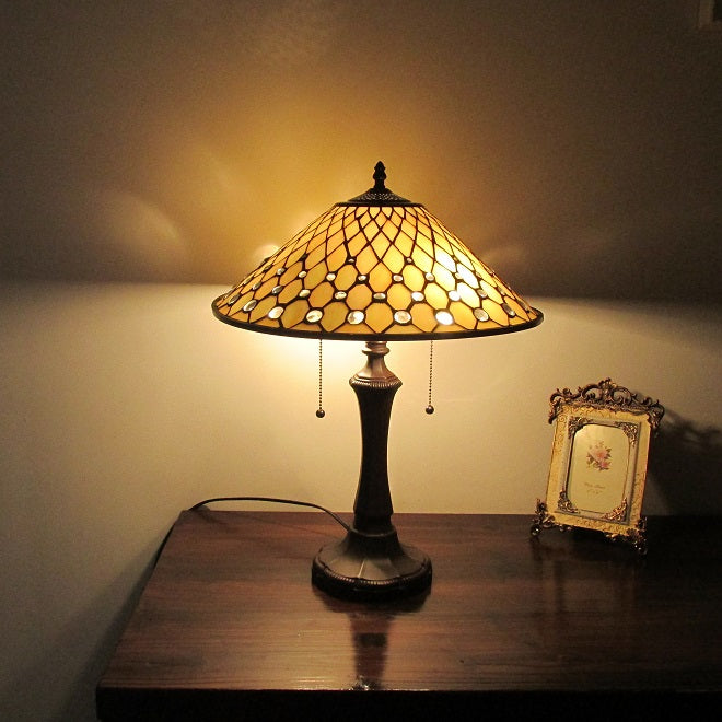 Chloe Fanny Table Lamp - Stained Glass Fanny Table Lamp Turned On Room Setting