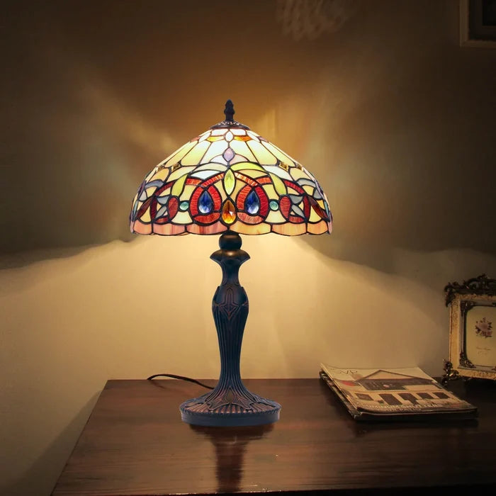 Chloe Serenity One-Light Red Table Lamp - Stained Glass Serenity One-Light Red Table Lamp Turned On Room Setting