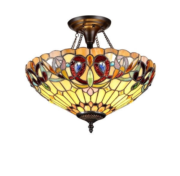 Chloe Serenity Semi-Flush Ceiling Lamp - Stained Glass Serenity Semi-Flush Ceiling Lamp Turned On