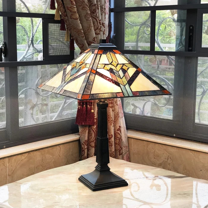 Chloe Shay Table Lamp - Stained Glass Shay Table Lamp Turned On Room Setting