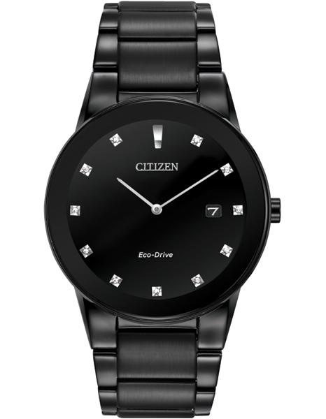 Citizen Eco-Drive Axiom Mens Diamond Watch - Black Dial, Case & Bracelet - Date - AU1065-58G
