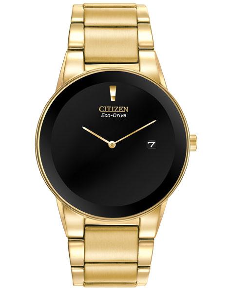 Citizen Eco-Drive Axiom Mens Dress Watch - Black Dial - Gold-Tone Ion Plating - AU1062-56E