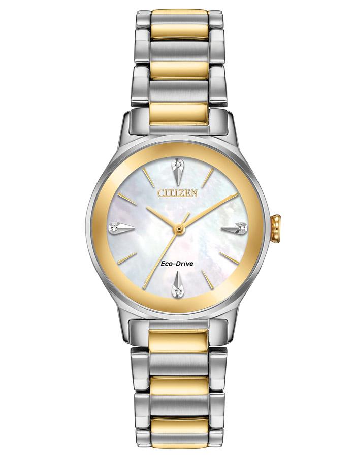 Citizen Eco-Drive Axiom Women's - Two-Tone -  Diamonds - MOP Dial - Bracelet - EM0734-56D