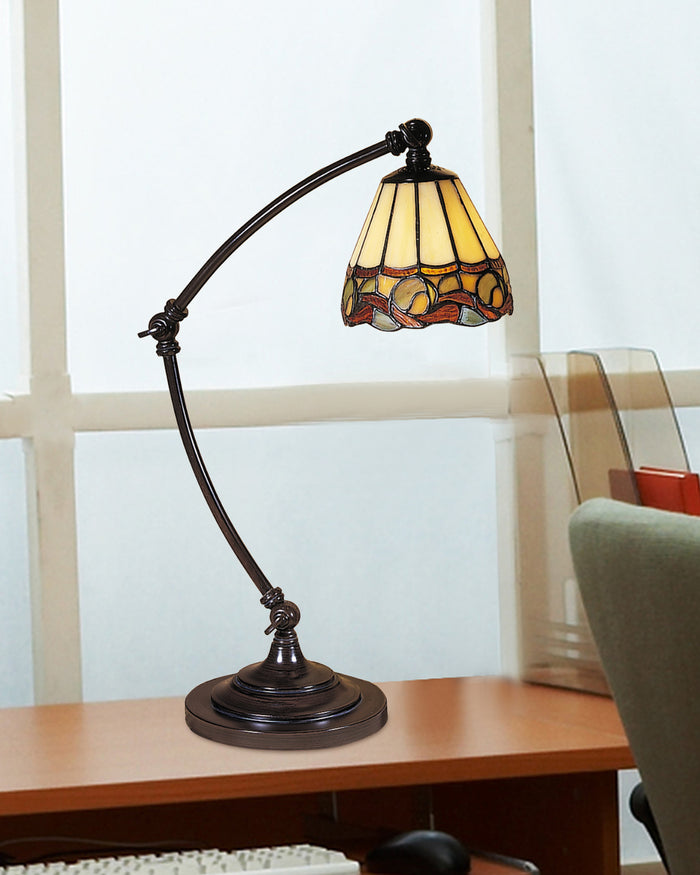 Dale Tiffany Ainsley Desk Lamp - Stained Glass Ainsley Desk Lamp Turned On Room Setting