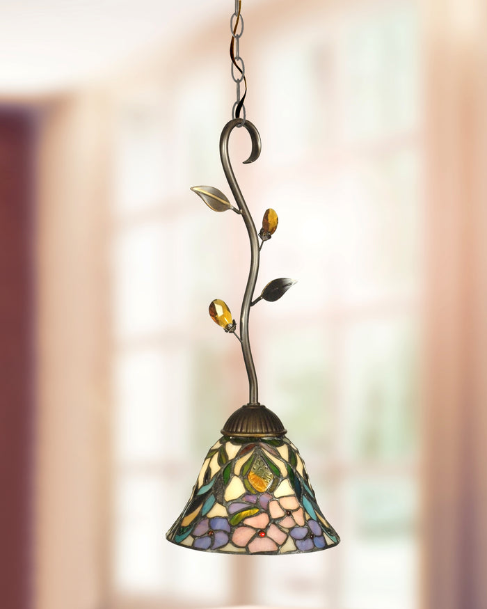 Dale Tiffany Crystal Peony Mini Pendant - Stained Glass Crystal Peony Mini Pendant Turned On Room Setting