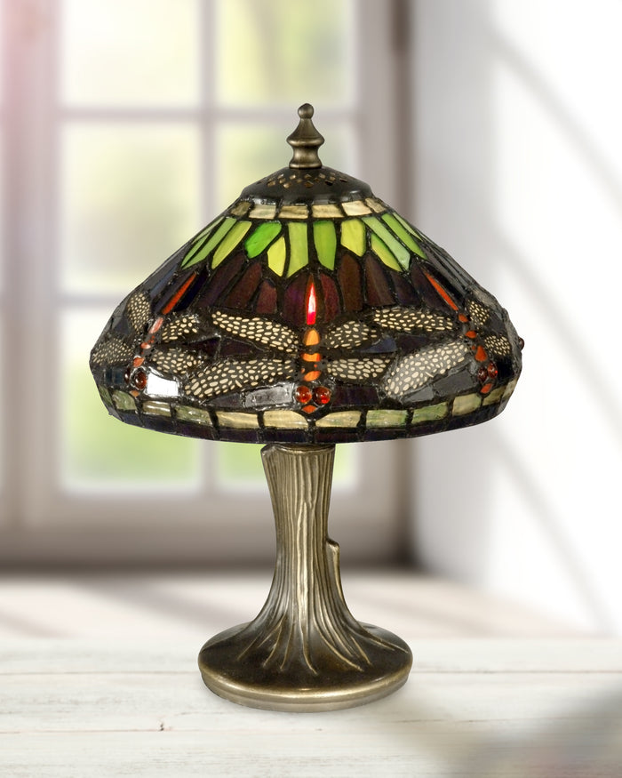 Dale Tiffany Dragonfly Accent Lamp - Stained Glass Dragonfly Accent Lamp Turned On Room Setting