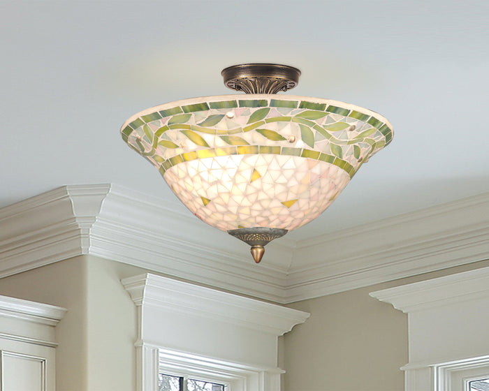 Dale Tiffany Mosaic Green Semi-Flushmount - Stained Glass Mosaic Green Semi-Flushmount Turned On Room Setting