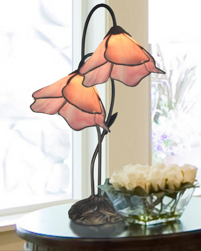 Dale Tiffany Poelking Pink Lilies Table Lamp - Stained Glass Poelking Pink Lilies Table Lamp Turned On Room Setting