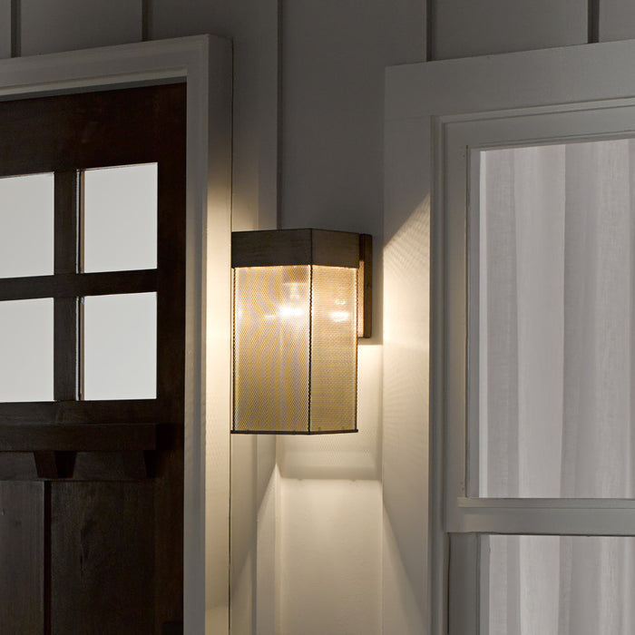 Dixsie Brown Brushed Metal Wall-Mounted Outdoor Light mounted next to the front door