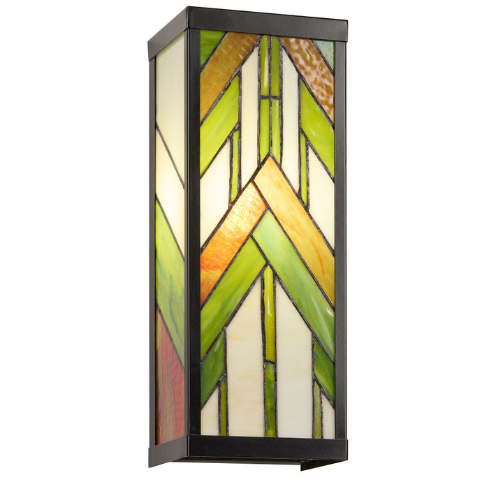 Green Stained Glass and Black Satin Rectangular 1-Light Outdoor Wall Sconce-On