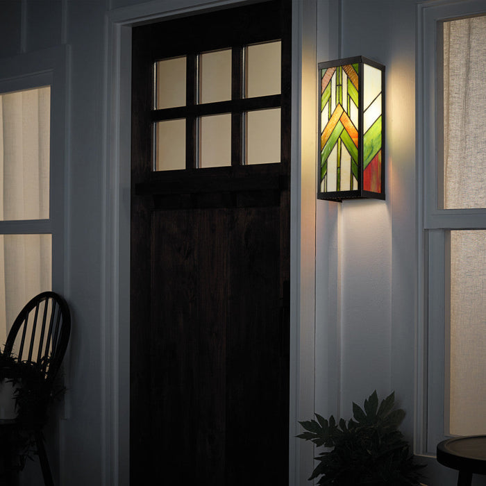 Green Stained Glass and Black Satin Rectangular 1-Light Outdoor Wall Sconce