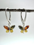 Handmade Sterling Silver Multicolor Baltic Amber Butterfly Drop Earrings - Honey,Green & Lemon