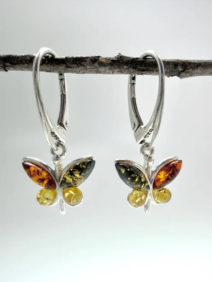 Handmade Sterling Silver Multicolor Baltic Amber Butterfly Drop Earrings - Honey,Green & Lemon