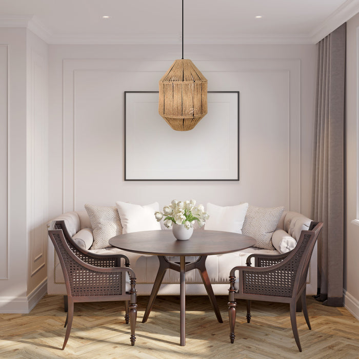 Imani 17"W Black and Tan Jute Pyramid Pendant Light in a modern living room with a round table and chairs against light-colored walls