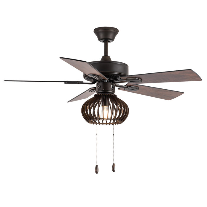 Leigh Brown Oil-Rubbed Bronze and Wood Caged Ceiling Fan with Light-On