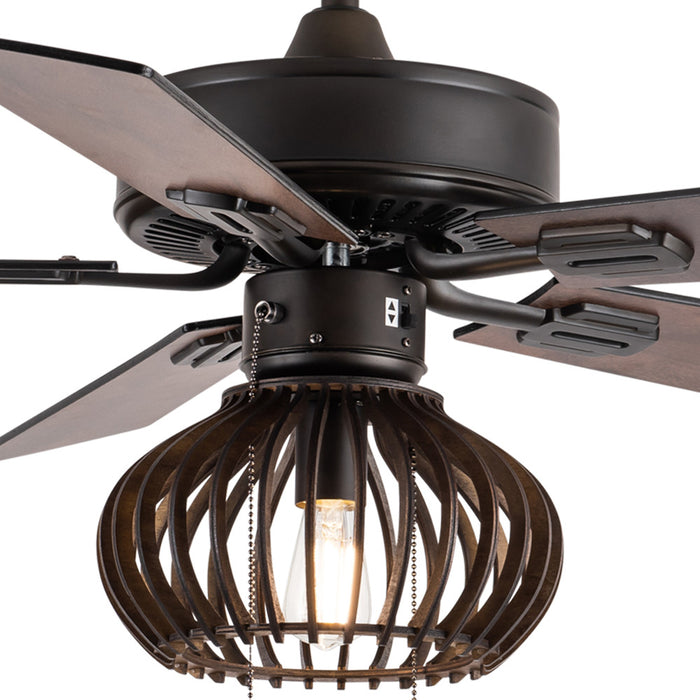 Leigh Brown Oil-Rubbed Bronze and Wood Caged Ceiling Fan with Light. Shade closeup-On