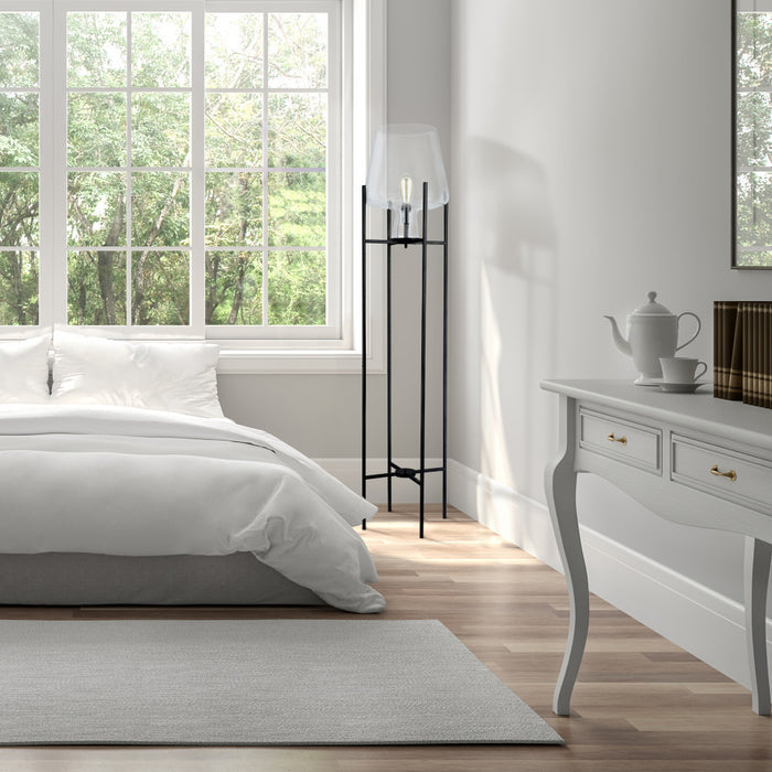 Leticia Black Metal and Clear Glass Bowl 61-Inch Floor Lamp in a neatly arranged bedroom with a bed and side table