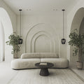 Lucinda 7.25"W Modern Black Woven Metal Pendant Light in a modern living room with a curved sofa, round table, and arches on the wall.