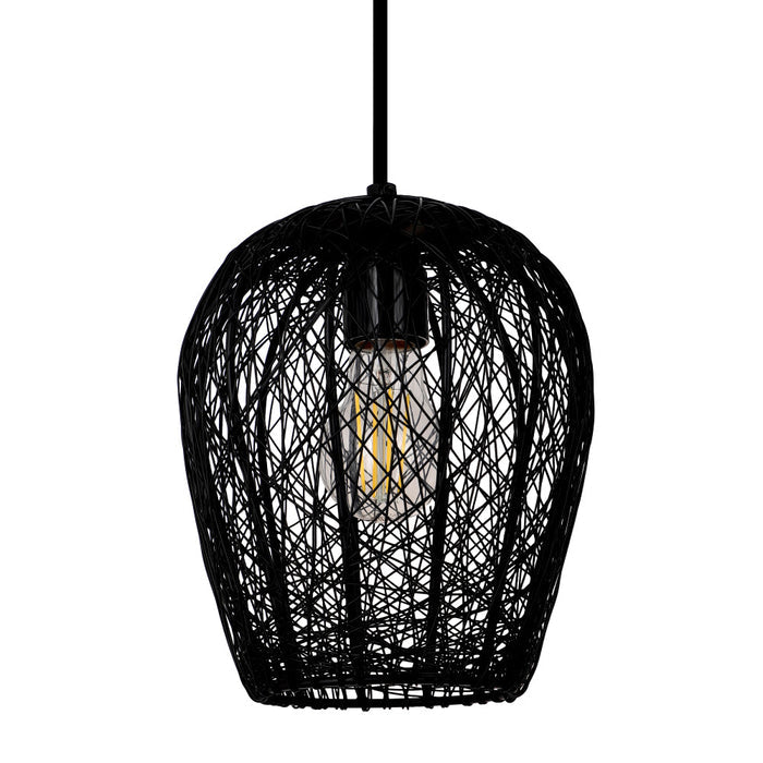 Lucinda 7.25"W Modern Black Woven Metal Pendant Light. Shade closeup-Off