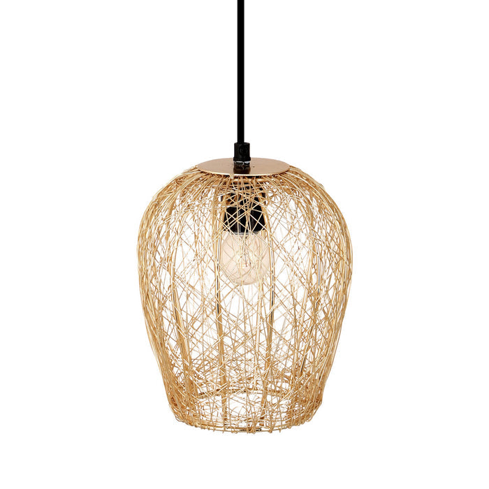 Lucinda 7.25"W Modern Gold Woven Metal Pendant Light. Shade closeup-Off