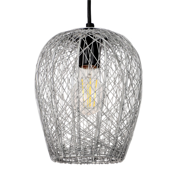 Lucinda 7.25"W Modern Silver Woven Metal Pendant Light. Shade closeup-Off