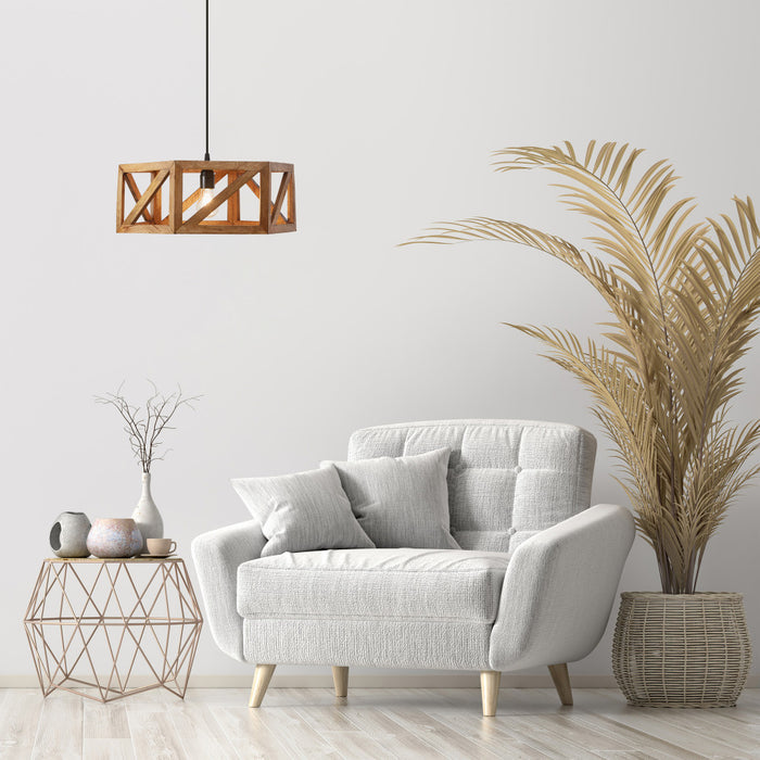 Morel Brown Mango Wood and Metal Pendant Light in a modern living room with a white armchair, wooden side table, and decorative plant.
