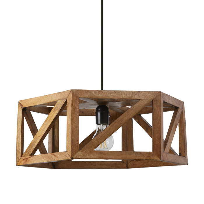 Morel Brown Mango Wood and Metal Pendant Light. Shade closeup-Off