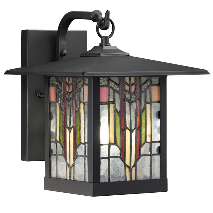 Red Stained Glass and Black 1-Light Outdoor Lantern Wall Sconce-On