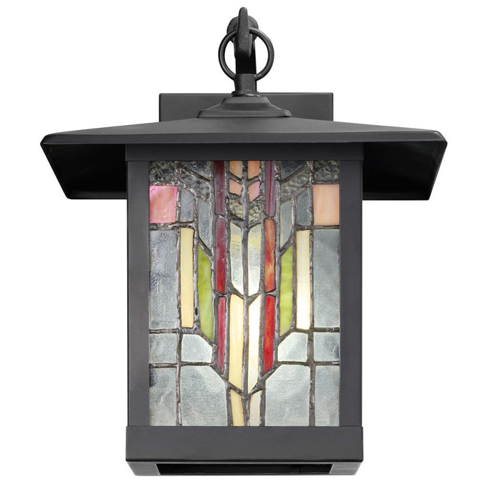 Red Stained Glass and Black 1-Light Outdoor Lantern Wall Sconce. Straight-on view-On