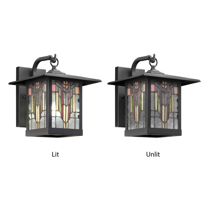 Red Stained Glass and Black 1-Light Outdoor Lantern Wall Sconce