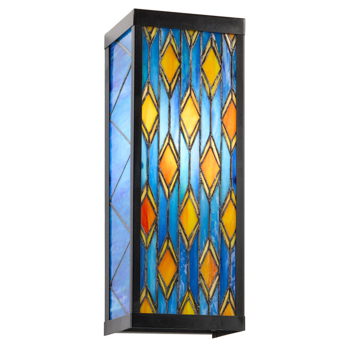 Blue Stained Glass and Black Metal Rectangular 1-Light Outdoor Wall Sconce -On