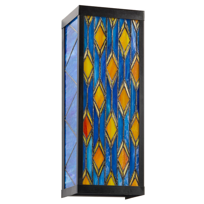 Blue Stained Glass and Black Metal Rectangular 1-Light Outdoor Wall Sconce -Off