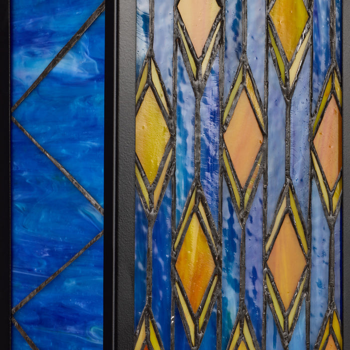 Blue Stained Glass and Black Metal Rectangular 1-Light Outdoor Wall Sconce-CloseUp