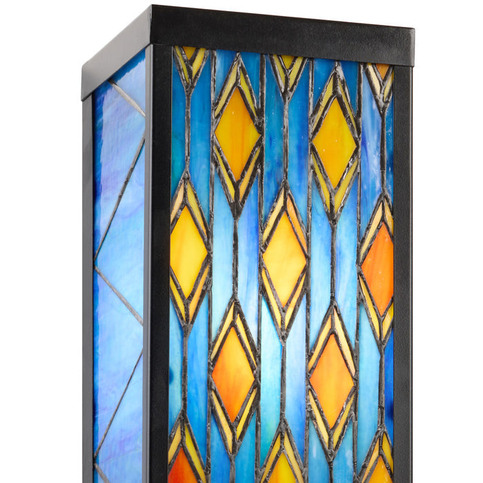 Blue Stained Glass and Black Metal Rectangular 1-Light Outdoor Wall Sconce -Close up On
