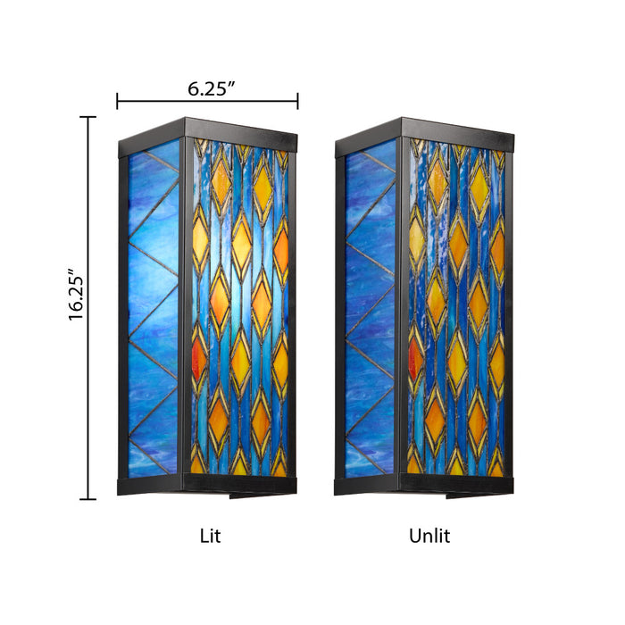 River of Goods Blue Stained Glass and Black Metal Rectangular 1-Light Outdoor Wall Sconce
