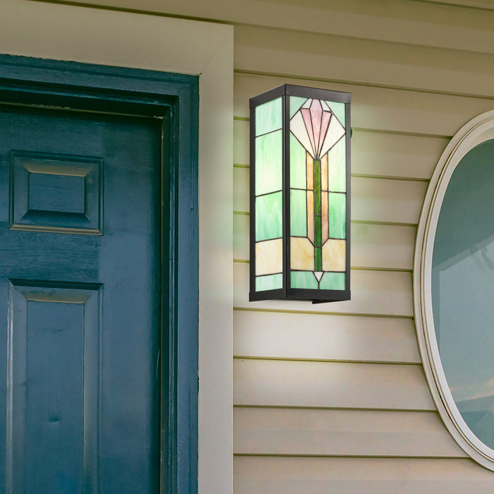 Green Stained Glass and Black Metal Rectangular 1-Light Outdoor Wall Sconce on a house exterior with a blue door and round window.