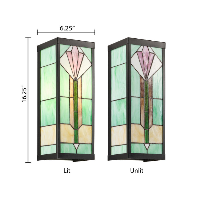 River of Goods Green Stained Glass and Black Metal Rectangular 1-Light Outdoor Wall Sconce