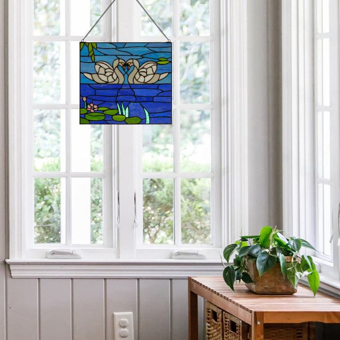 Romantic Swans Stained Glass Window Panel