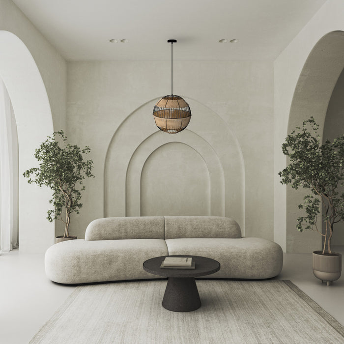 Rosalind 19.75"W Jute and Black Frame Pendant Light in a modern living room with a curved sofa, round table, and decorative plants.