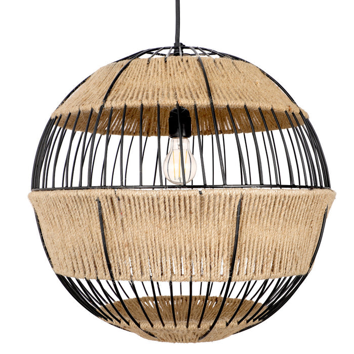 Rosalind 19.75"W Jute and Black Frame Pendant Light. Shade closeup-Off
