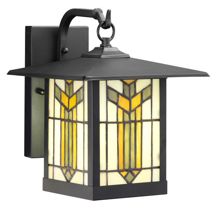 Amber Stained Glass and Black 1-Light Outdoor Lantern Wall Sconce-On