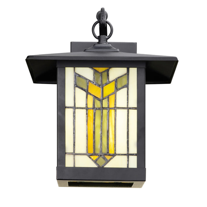 Amber Stained Glass and Black 1-Light Outdoor Lantern Wall Sconce. Straight on-On