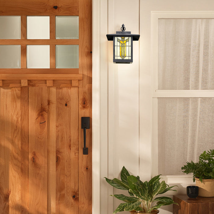 Stained Glass and Black 1-Light Outdoor Lantern Wall Sconce