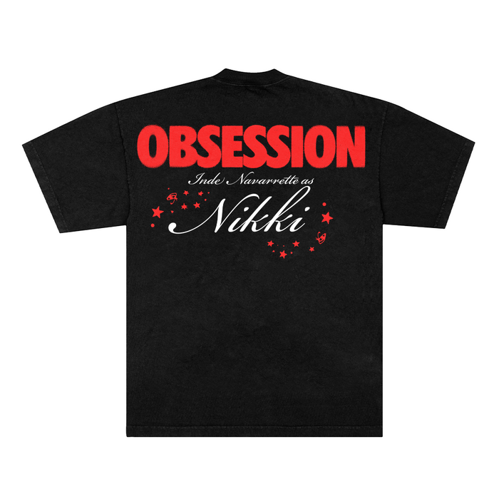 Obsession in red shoulder to shoulder, "Inde Navarrette as Nikki" in white surrounded in red stars