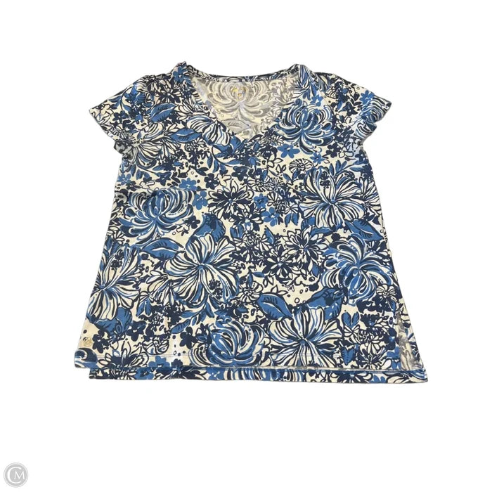 Top Short Sleeve Designer By Lilly Pulitzer In Blue & White, Size: M