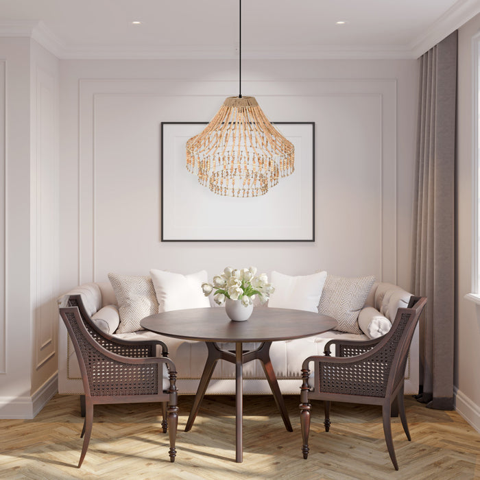 Tululla 26"W Ivory and Black Metal Dome Pendant Light with Mango Wood Beads in a living room with a round table and chairs and light-colored walls