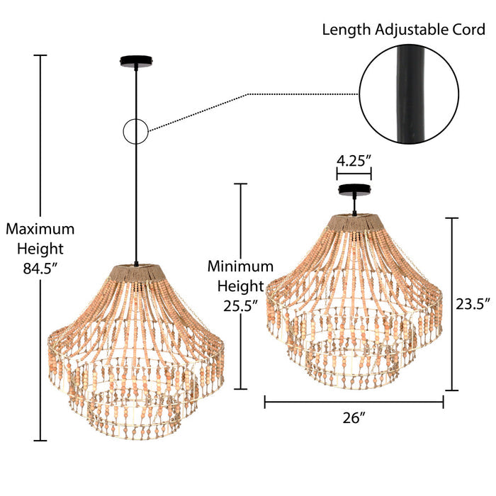 Tululla 26"W Ivory and Black Metal Dome Pendant Light with Mango Wood Beads